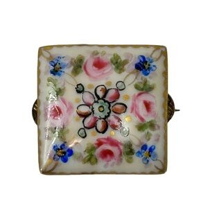 Antique Porcelain Square Button Brooch Pin 1” Hand Crafted Floral